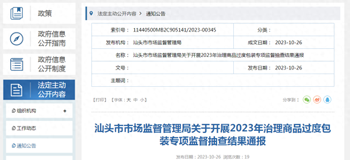 广东省汕头市市场监管局通报2023年治理商品过度包装专项监督抽查结果